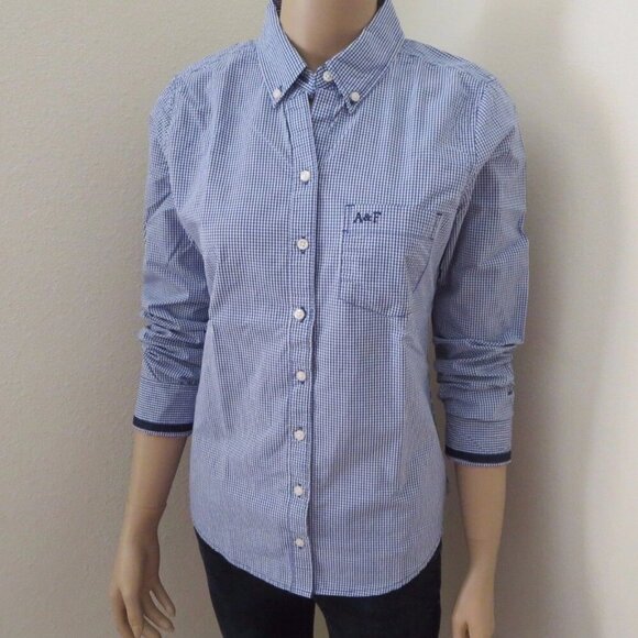 NWT Abercrombie Women Button Down Plaid Shirt Size Medium Checks Blue & White - Picture 4 of 7